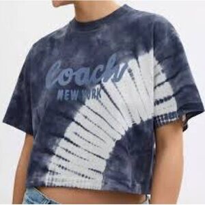 COACH Tie Dye Cursive Signature Cropped Boxy Navy Blue White Cotton Tee XL